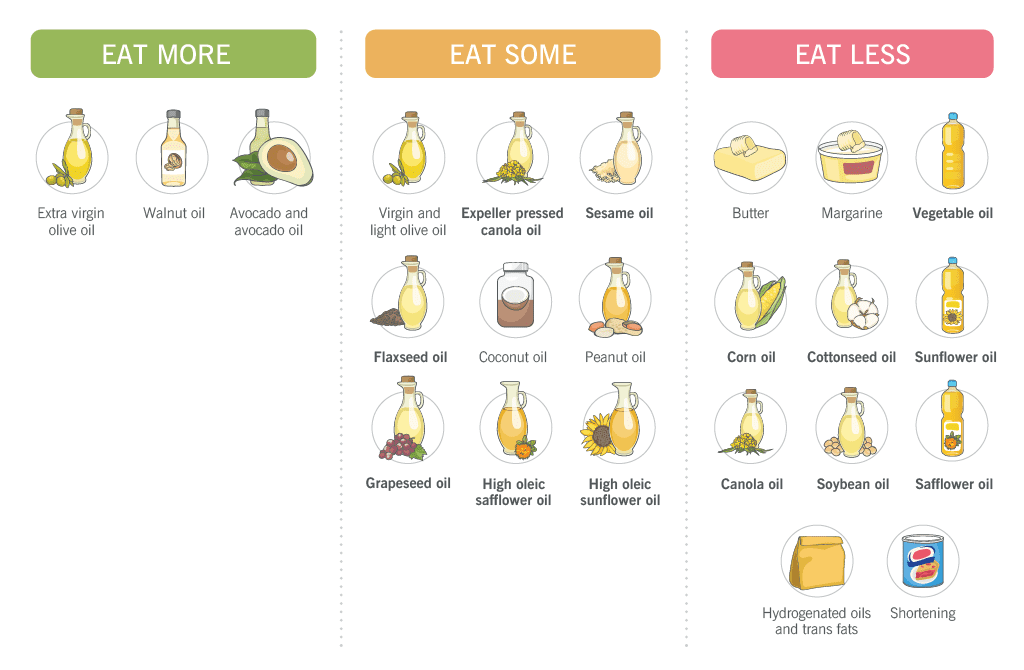 An infographic showing dietary recommendations for different cooking oils and fats, divided into three categories: 'EAT MORE' (including extra virgin olive oil, walnut oil, and avocado oil), 'EAT SOME' (including various oils like flaxseed and coconut), and 'EAT LESS' (including butter, margarine, and various processed oils).